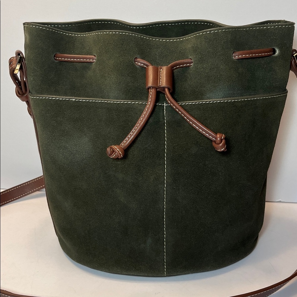 J. McLaughlin Ariana Green Suede Bucket Bag, brown leather trim - Picture 3 of 7